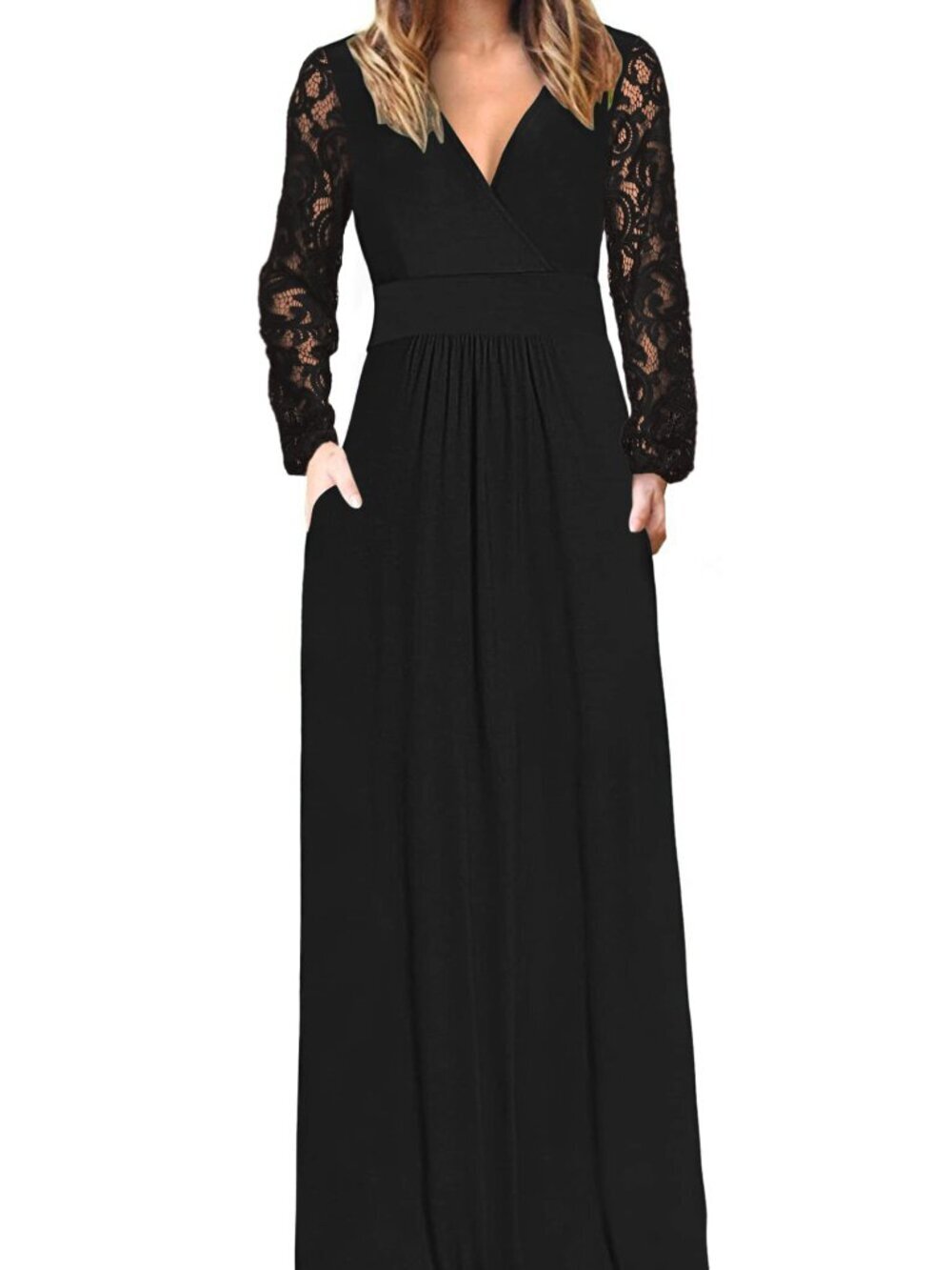 🆕 Womens Fall Dresses Lace Long Sleeve Maxi Dress V Neck Wrap Waist Casual